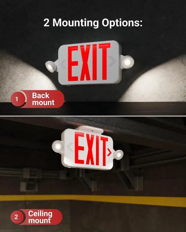 Alt view image 5 of 7 - Sunco 12 Pack LED Exit Sign With Emergency Lights, Red, Two Mini Adjustable Lights, 94V-0 Fire Resistant, Backup Battery, 2.3W 6000K Daylight Deluxe, 200 Lumens 120-277V, Wall Or Ceiling Mount UL