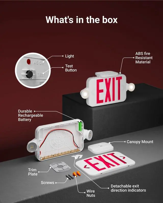Alt view image 6 of 7 - Sunco 12 Pack LED Exit Sign With Emergency Lights, Red, Two Mini Adjustable Lights, 94V-0 Fire Resistant, Backup Battery, 2.3W 6000K Daylight Deluxe, 200 Lumens 120-277V, Wall Or Ceiling Mount UL