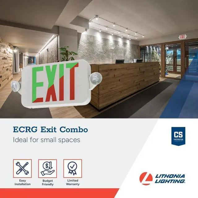 Alt view image 2 of 7 - Basics LED Exit Sign/Emergency Light Combo, Red/Green Switchable Exit Sign and Emergency Lights for Business, 2-Head Fixture, Round Lamp Heads, White (ECRG RD M6)