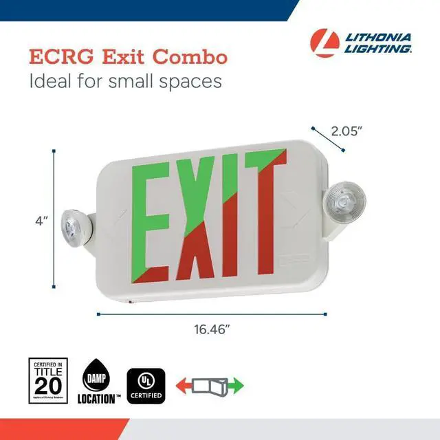 Alt view image 4 of 7 - Basics LED Exit Sign/Emergency Light Combo, Red/Green Switchable Exit Sign and Emergency Lights for Business, 2-Head Fixture, Round Lamp Heads, White (ECRG RD M6)