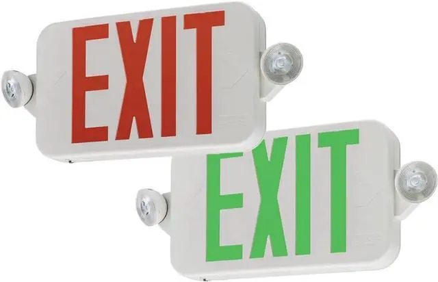 Alt view image 6 of 7 - Basics LED Exit Sign/Emergency Light Combo, Red/Green Switchable Exit Sign and Emergency Lights for Business, 2-Head Fixture, Round Lamp Heads, White (ECRG RD M6)