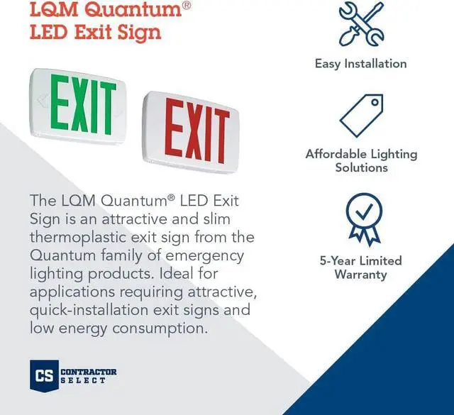Alt view image 2 of 7 - Quantum LED Emergency Exit Sign, Thermoplastic Exit Only Sign with Stencil-Faced White Housing and Red Letters with Nickel Cadium battery (LQM S W 3 R 120/277 EL N M6)