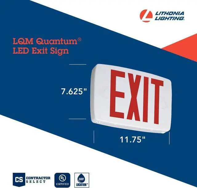 Alt view image 4 of 7 - Quantum LED Emergency Exit Sign, Thermoplastic Exit Only Sign with Stencil-Faced White Housing and Red Letters with Nickel Cadium battery (LQM S W 3 R 120/277 EL N M6)