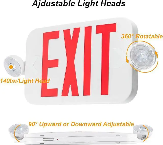 Alt view image 2 of 7 - LED Combo EXIT Sign with 2 Adjustable Head Lights and Double Face, Back Up Batteries- US Standard Red Letter Emergency Exit Lighting, UL 924 and CEC Qualified, 120-277 Voltage, 2-Pack