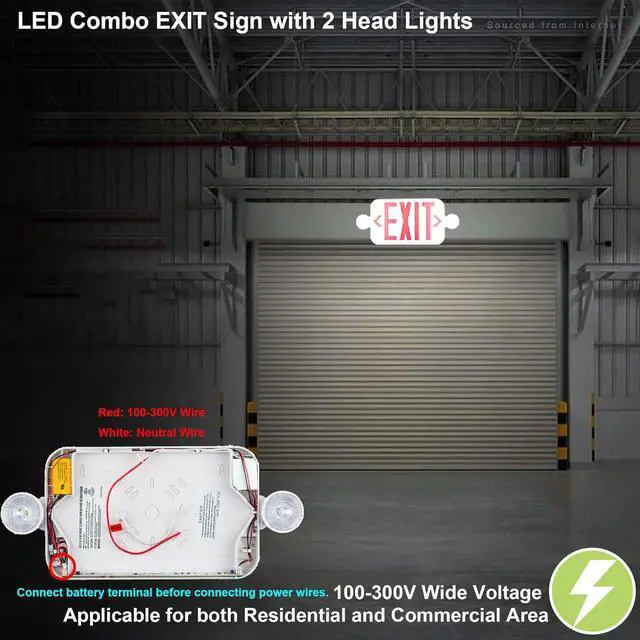 Alt view image 5 of 7 - LED Combo EXIT Sign with 2 Adjustable Head Lights and Double Face, Back Up Batteries- US Standard Red Letter Emergency Exit Lighting, UL 924 and CEC Qualified, 120-277 Voltage, 2-Pack