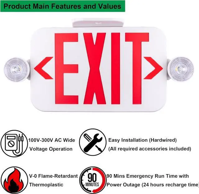 Alt view image 3 of 7 - LED Combo EXIT Sign with 2 Adjustable Head Lights and Double Face, Back Up Batteries- US Standard Red Letter Emergency Exit Lighting, UL 924 and CEC Qualified, 120-277 Voltage, 2-Pack