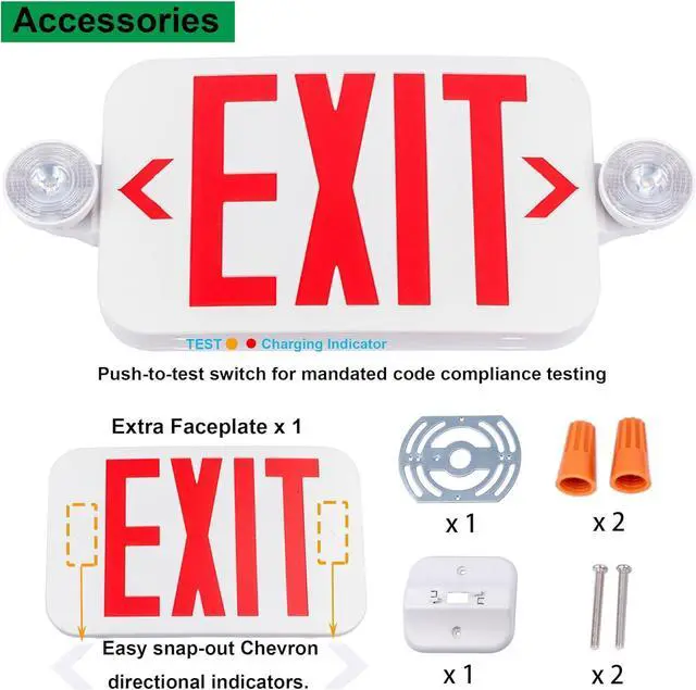 Alt view image 4 of 7 - LED Combo EXIT Sign with 2 Adjustable Head Lights and Double Face, Back Up Batteries- US Standard Red Letter Emergency Exit Lighting, UL 924 and CEC Qualified, 120-277 Voltage, 2-Pack