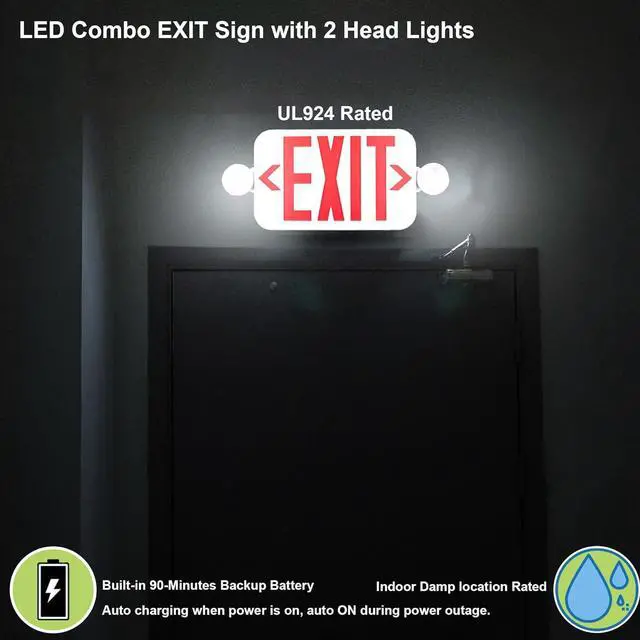 Alt view image 7 of 7 - LED Combo EXIT Sign with 2 Adjustable Head Lights and Double Face, Back Up Batteries- US Standard Red Letter Emergency Exit Lighting, UL 924 and CEC Qualified, 120-277 Voltage, 2-Pack