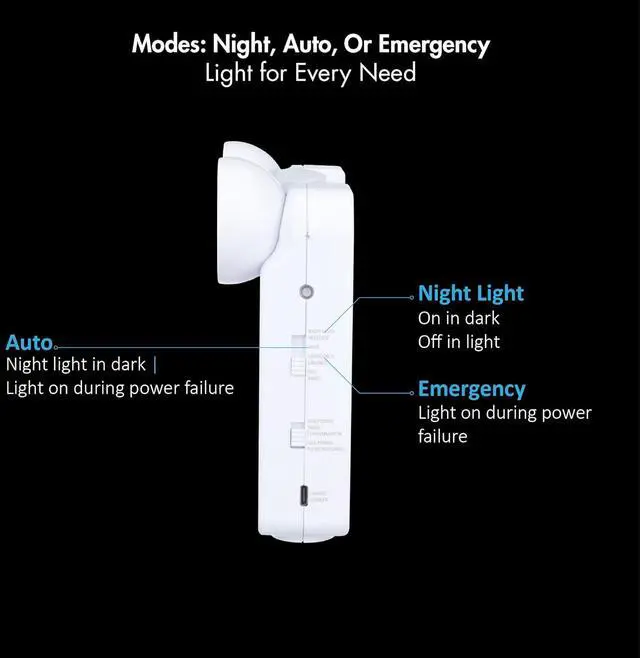 Alt view image 5 of 7 - Rechargeable LED Power Failure Light, Adjustable Heads, up to 48 Hours, 80-140 Lumens, Emergency Light for Home, Prepared for Power Outages, White