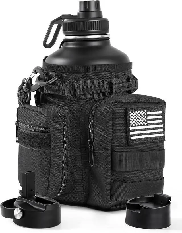 Main image of Tactical Half Gallon Water Bottle with Straw, 64 oz Insulated Water Jug with Molle Sleeve, Stainless Steel Sport Battle Bottle with 3 BPA Free Lids for Gym Workout Hiking (Black, 64OZ)