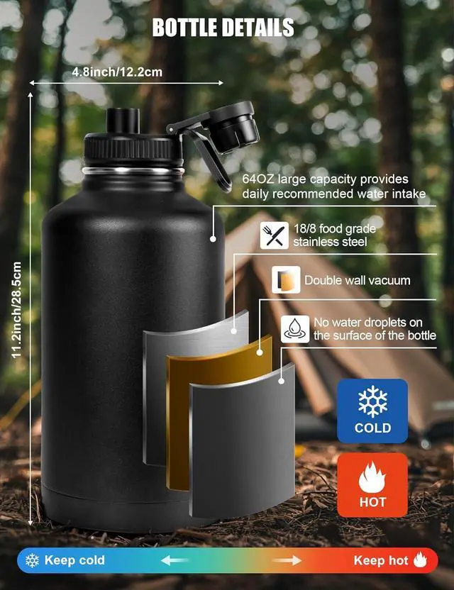 Alt view image 2 of 7 - Tactical Half Gallon Water Bottle with Straw, 64 oz Insulated Water Jug with Molle Sleeve, Stainless Steel Sport Battle Bottle with 3 BPA Free Lids for Gym Workout Hiking (Black, 64OZ)