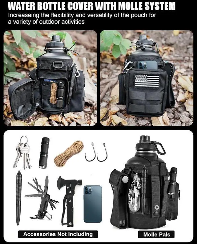 Alt view image 3 of 7 - Tactical Half Gallon Water Bottle with Straw, 64 oz Insulated Water Jug with Molle Sleeve, Stainless Steel Sport Battle Bottle with 3 BPA Free Lids for Gym Workout Hiking (Black, 64OZ)