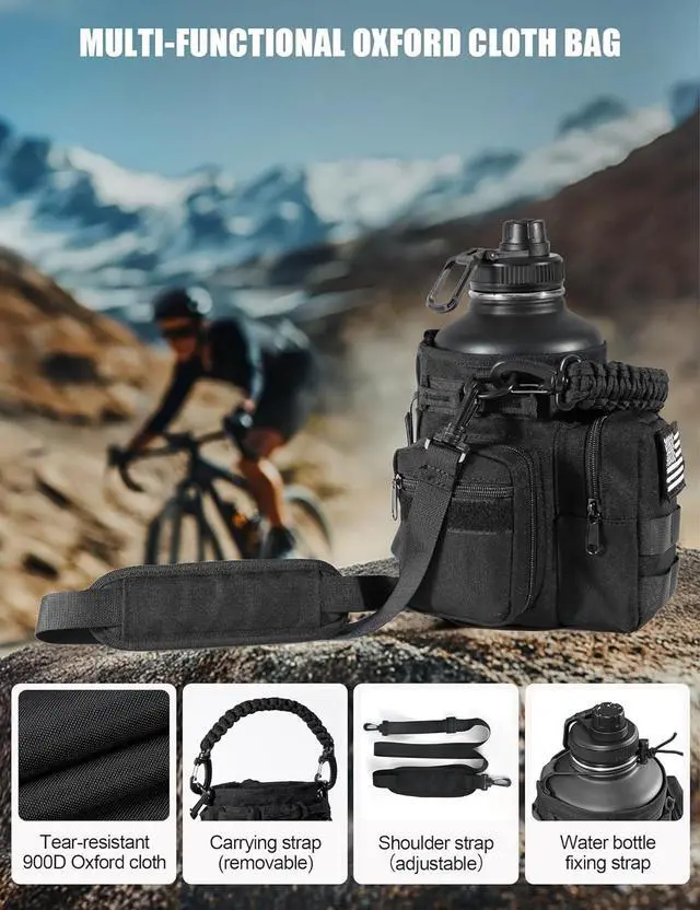 Alt view image 4 of 7 - Tactical Half Gallon Water Bottle with Straw, 64 oz Insulated Water Jug with Molle Sleeve, Stainless Steel Sport Battle Bottle with 3 BPA Free Lids for Gym Workout Hiking (Black, 64OZ)