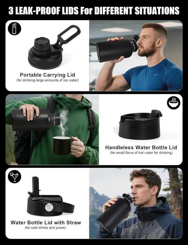 Alt view image 5 of 7 - Tactical Half Gallon Water Bottle with Straw, 64 oz Insulated Water Jug with Molle Sleeve, Stainless Steel Sport Battle Bottle with 3 BPA Free Lids for Gym Workout Hiking (Black, 64OZ)