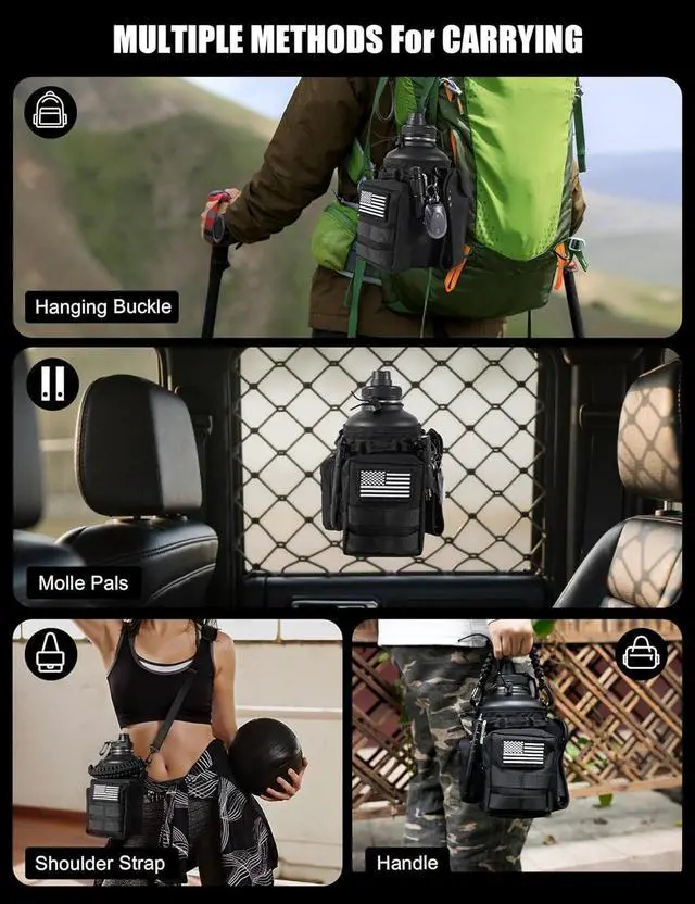 Alt view image 6 of 7 - Tactical Half Gallon Water Bottle with Straw, 64 oz Insulated Water Jug with Molle Sleeve, Stainless Steel Sport Battle Bottle with 3 BPA Free Lids for Gym Workout Hiking (Black, 64OZ)