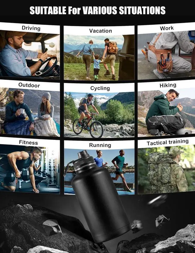 Alt view image 7 of 7 - Tactical Half Gallon Water Bottle with Straw, 64 oz Insulated Water Jug with Molle Sleeve, Stainless Steel Sport Battle Bottle with 3 BPA Free Lids for Gym Workout Hiking (Black, 64OZ)