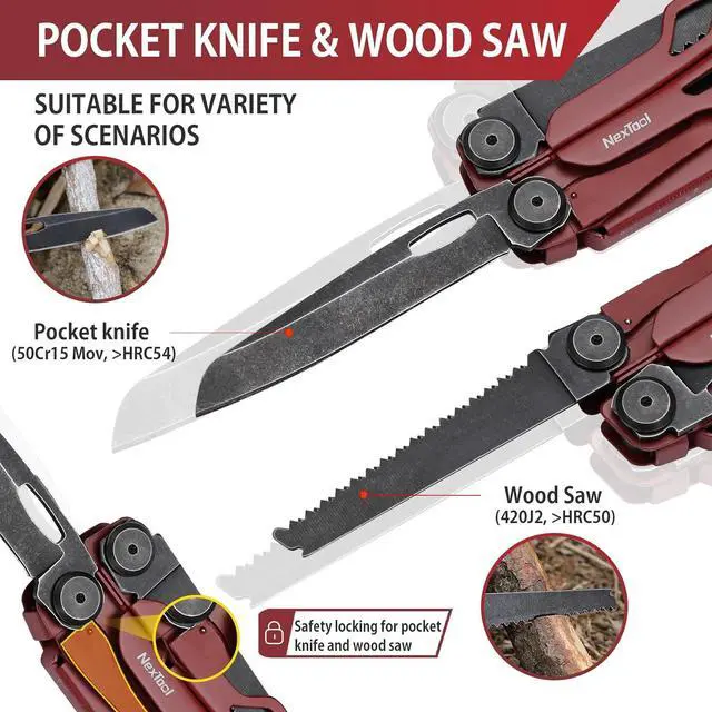 Alt view image 3 of 6 - Flagship Pro, Multi Tool, Multitool Pliers with Big Folding Scissors, Replaceable Wire Cutters and Safety Locking, Multi Tool Pocket Knife, Survival Tools with Glass Breaker, Gifts for Men-Red