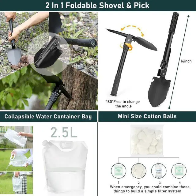 Alt view image 4 of 7 - Survival Kit, 262Pcs Survival Gear and Supplies with First Aid Kit Pouch and Crossbody Bag, Emergency Kit with Tent, Camping Axe Hammer, Survival Shovel w/Pick, Bug Out Bag Gifts for Men Women