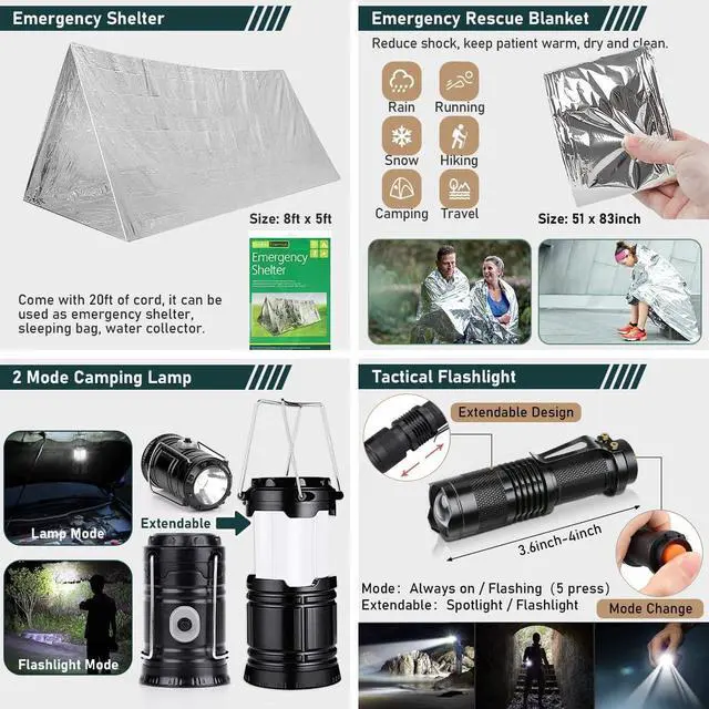 Alt view image 5 of 7 - Survival Kit, 262Pcs Survival Gear and Supplies with First Aid Kit Pouch and Crossbody Bag, Emergency Kit with Tent, Camping Axe Hammer, Survival Shovel w/Pick, Bug Out Bag Gifts for Men Women