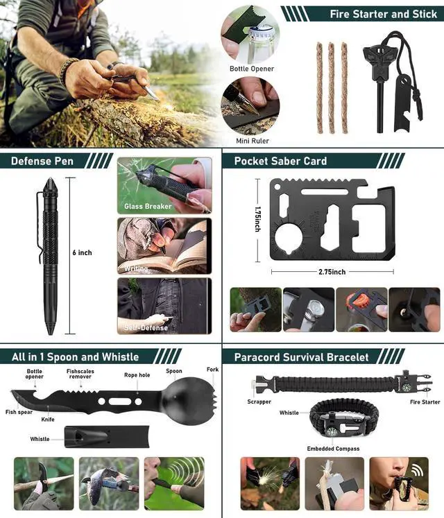 Alt view image 7 of 7 - Survival Kit, 262Pcs Survival Gear and Supplies with First Aid Kit Pouch and Crossbody Bag, Emergency Kit with Tent, Camping Axe Hammer, Survival Shovel w/Pick, Bug Out Bag Gifts for Men Women