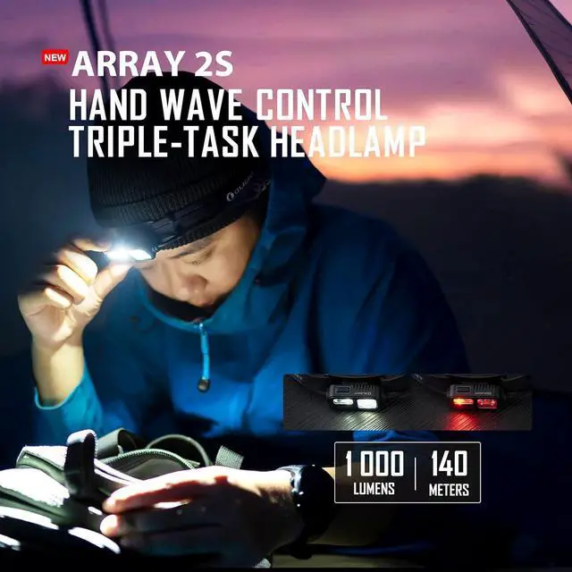 Alt view image 3 of 6 - Array 2S Headlamp, 1000 Lumens with Hand Wave Control, 4 Modes Bright LED Headlight with Red Light, Rechargeable Lightweight Head Flashlights for Running, Working, Camping Gear