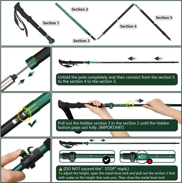 Alt view image 6 of 7 - Collapsible Trekking Poles for Hiking  Lightweight Folding Walking Sticks for Men and Women with Extra-Long Foam Handle and Metal Flip Lock