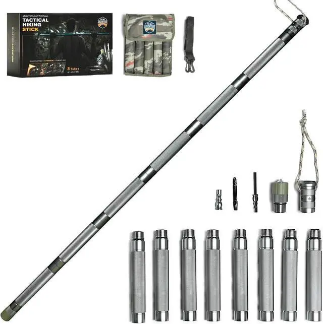 Main image of Hiking Tactical Stick Walking Staff - Outdoor Multitool Gear Trekking Pole Collapsible Retractable Premium 15 in 1 | 8 Tubes
