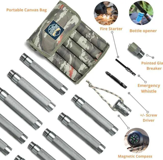 Alt view image 2 of 6 - Hiking Tactical Stick Walking Staff - Outdoor Multitool Gear Trekking Pole Collapsible Retractable Premium 15 in 1 | 8 Tubes