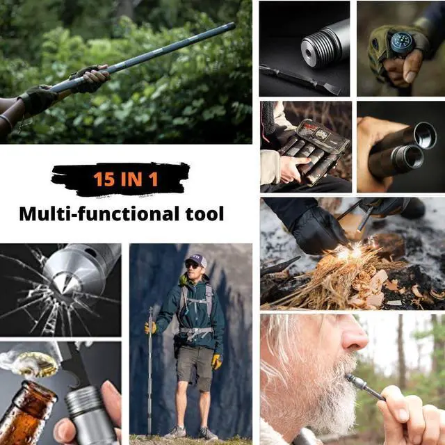Alt view image 3 of 6 - Hiking Tactical Stick Walking Staff - Outdoor Multitool Gear Trekking Pole Collapsible Retractable Premium 15 in 1 | 8 Tubes