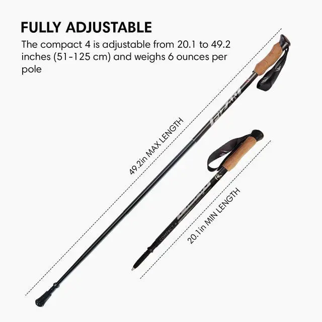 Alt view image 4 of 7 - Compact 4 Trekking Poles  6.0 oz Ultralight, Backpacking, Thru Hiking Poles, Adjustable, Collapsible, Customized Fit, EVA Grips, Aluminum Walking Sticks (Compact 4)