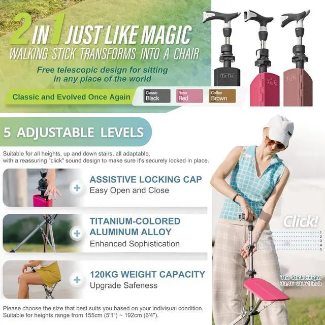 Alt view image 2 of 7 - Ta-Da Chair Series 1 Pro, Portable Trekking Hiking Pole, Folding Walking Stick with Seat, Walking Cane with Chair, Foldable Chair, Lightweight Aluminum, Easy Carry and Storage, Anti-Slip