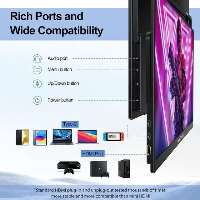 Alt view image 6 of 7 - 18 Inch 260Hz Portable Gaming Monitor,2K QHD 100% DCI-P3 Portable Monitor Gameplus HDR FreeSync Laptop Monitors,Portable Screen for PC Phone Game Console