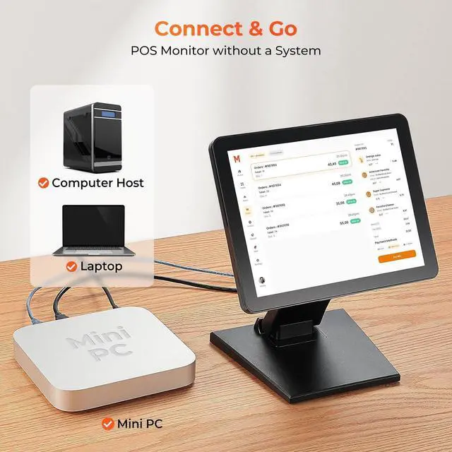 Alt view image 2 of 7 - 12-inch POS Touchscreen Monitor, LED POS Monitor, HDMI/VGA Capacitive Screen Display, Foldable Stand for Small Business, Retail, Restaurant, Bar, No Driver Required