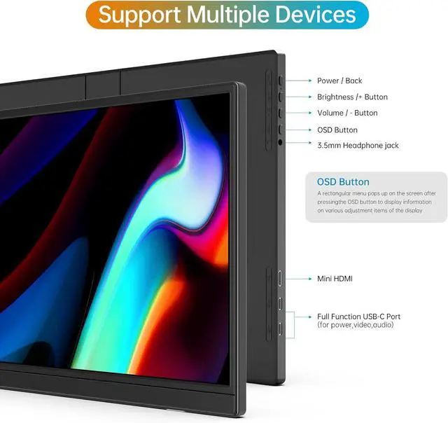 Alt view image 4 of 7 - Portable Monitor 16.0inch FHD 1920 * 1200P USB C HDMI Ultra-Slim IPS Travel Display & Speakers, HDR Plug&Play, External Monitor for Laptop PC, Phone,Mac