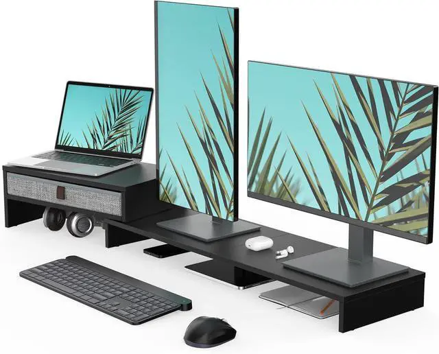 Main image of Computer Monitor Riser Stand with Drawer for 2 or 3 Monitors ,Adjustable Length and Angle Desktop Laptop Stand,Office Organizer,Printer,Black