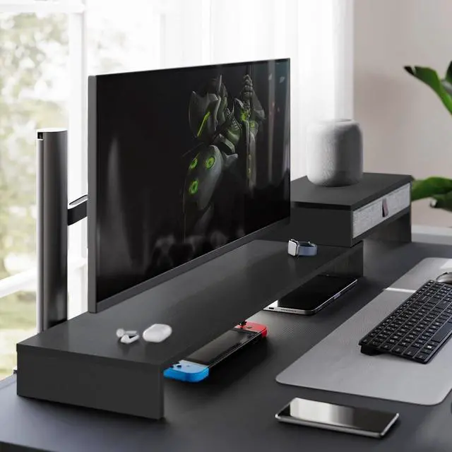 Alt view image 3 of 7 - Computer Monitor Riser Stand with Drawer for 2 or 3 Monitors ,Adjustable Length and Angle Desktop Laptop Stand,Office Organizer,Printer,Black