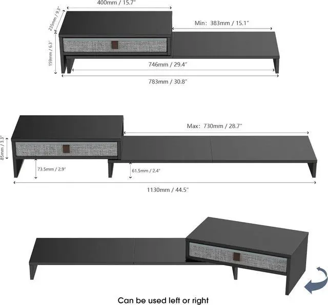 Alt view image 6 of 7 - Computer Monitor Riser Stand with Drawer for 2 or 3 Monitors ,Adjustable Length and Angle Desktop Laptop Stand,Office Organizer,Printer,Black