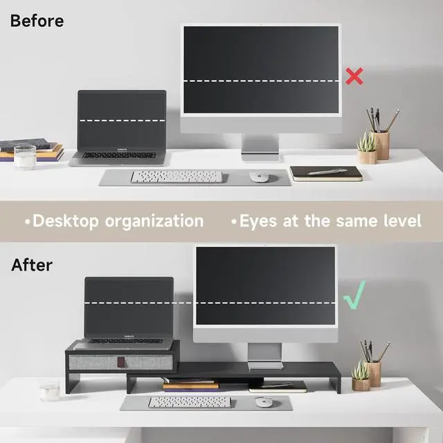 Alt view image 7 of 7 - Computer Monitor Riser Stand with Drawer for 2 or 3 Monitors ,Adjustable Length and Angle Desktop Laptop Stand,Office Organizer,Printer,Black