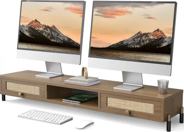 Main image of Dual Monitor Stand for Desk - Long Wooden Riser With Rattan Woven Drawer, 2 Tier Desk Shelf for 2 Monitors, Vintage Computer Stand for Laptop, Printer, TV