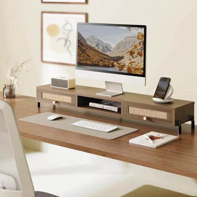 Alt view image 2 of 7 - Dual Monitor Stand for Desk - Long Wooden Riser With Rattan Woven Drawer, 2 Tier Desk Shelf for 2 Monitors, Vintage Computer Stand for Laptop, Printer, TV