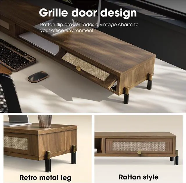 Alt view image 3 of 7 - Dual Monitor Stand for Desk - Long Wooden Riser With Rattan Woven Drawer, 2 Tier Desk Shelf for 2 Monitors, Vintage Computer Stand for Laptop, Printer, TV