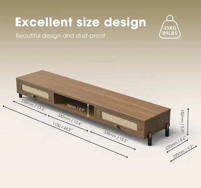 Alt view image 4 of 7 - Dual Monitor Stand for Desk - Long Wooden Riser With Rattan Woven Drawer, 2 Tier Desk Shelf for 2 Monitors, Vintage Computer Stand for Laptop, Printer, TV