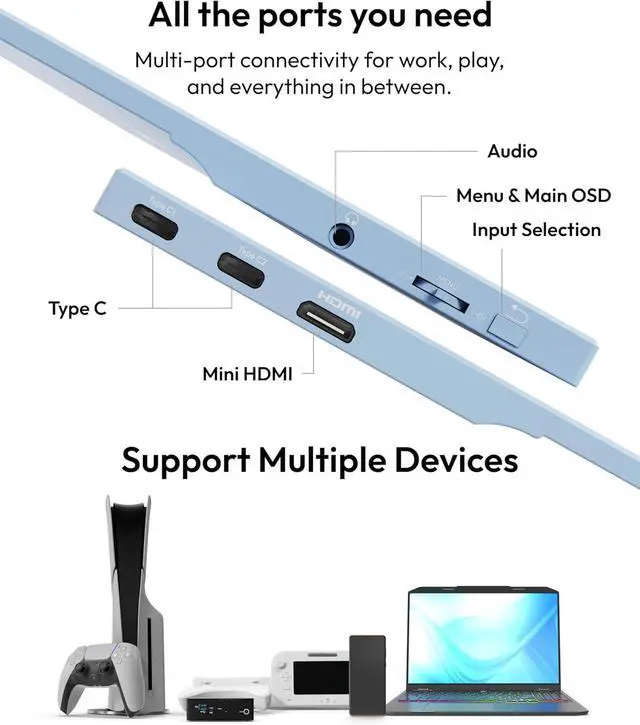Alt view image 5 of 6 - PX160 Wave Blue Portable Monitor 15.6 inch 60Hz FHD 1080p IPS Panel HDR Screen Cover Stand USB-C HDMI Laptop Screen Extender Portable Monitor for Laptop, PC, Console, Phone