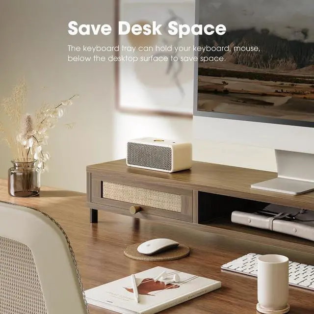 Alt view image 5 of 7 - Dual Monitor Stand for Desk - Long Wooden Riser With Rattan Woven Drawer, 2 Tier Desk Shelf for 2 Monitors, Vintage Computer Stand for Laptop, Printer, TV