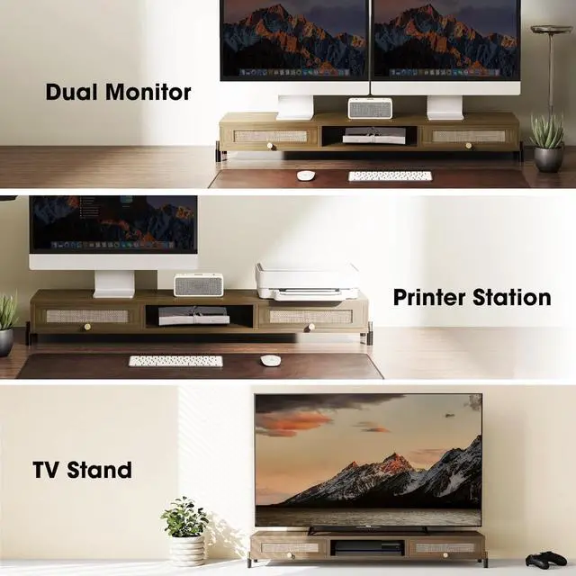 Alt view image 6 of 7 - Dual Monitor Stand for Desk - Long Wooden Riser With Rattan Woven Drawer, 2 Tier Desk Shelf for 2 Monitors, Vintage Computer Stand for Laptop, Printer, TV