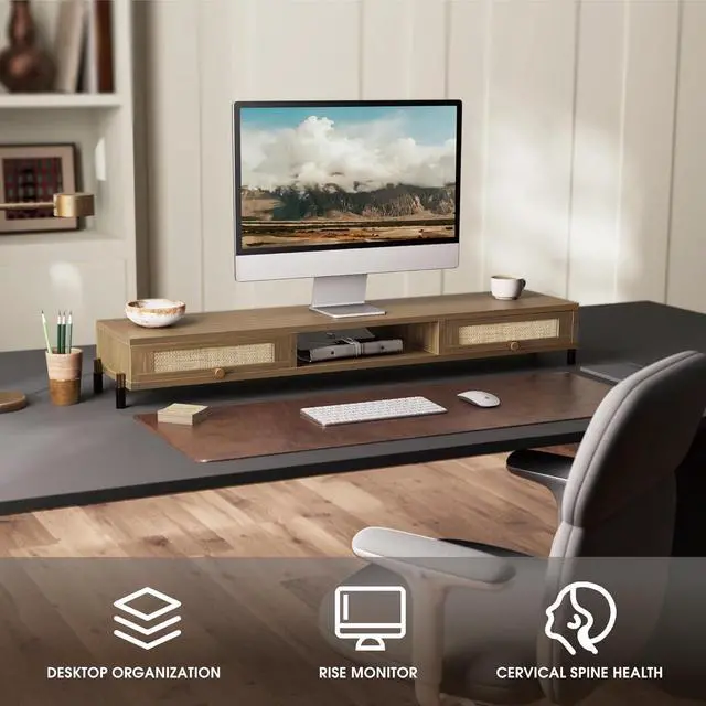 Alt view image 7 of 7 - Dual Monitor Stand for Desk - Long Wooden Riser With Rattan Woven Drawer, 2 Tier Desk Shelf for 2 Monitors, Vintage Computer Stand for Laptop, Printer, TV