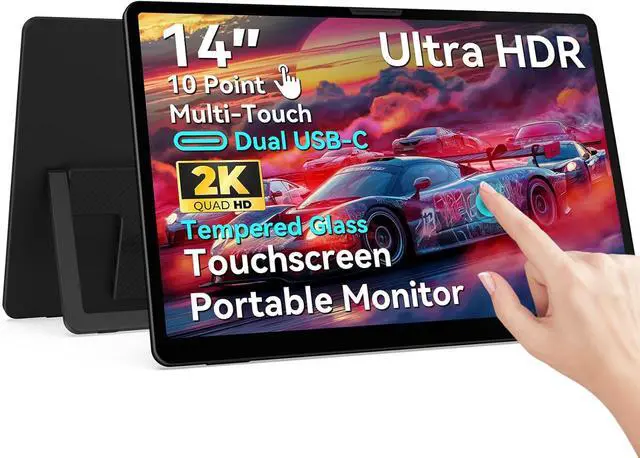 Main image of 14 inch Portable Touchscreen Monitor, 2K 3:2 QHD IPS Display with Tempered Glass, USB-C HDMI, Kickstand & Sleeve, Travel Monitor, External Second, Portable Touch Screen for Laptop, Phone, PC, Mac