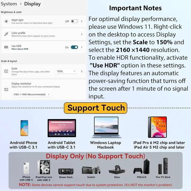 Alt view image 2 of 7 - 14 inch Portable Touchscreen Monitor, 2K 3:2 QHD IPS Display with Tempered Glass, USB-C HDMI, Kickstand & Sleeve, Travel Monitor, External Second, Portable Touch Screen for Laptop, Phone, PC, Mac