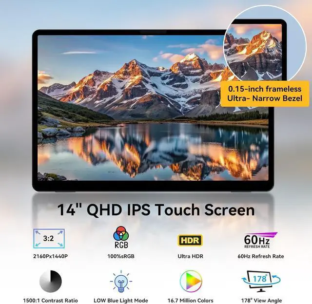 Alt view image 4 of 7 - 14 inch Portable Touchscreen Monitor, 2K 3:2 QHD IPS Display with Tempered Glass, USB-C HDMI, Kickstand & Sleeve, Travel Monitor, External Second, Portable Touch Screen for Laptop, Phone, PC, Mac
