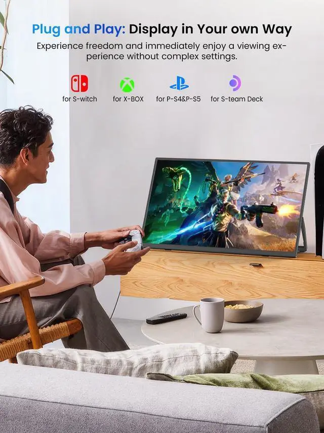 Alt view image 4 of 7 - Portable Monitor 15.6", 125% sRGB 1080P FHD Portable Screen Plug & Play, VESA & 180° Adjustable Stand 350Nits, USB-C HDMI Ultra-Slim Travel Monitor for Laptop, Phone, PC, Game Console